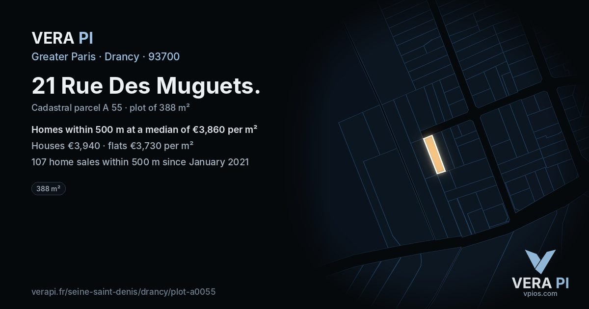 21 Rue Des Muguets, Drancy at night – the plot lit, the parcels around coloured by the prices near them