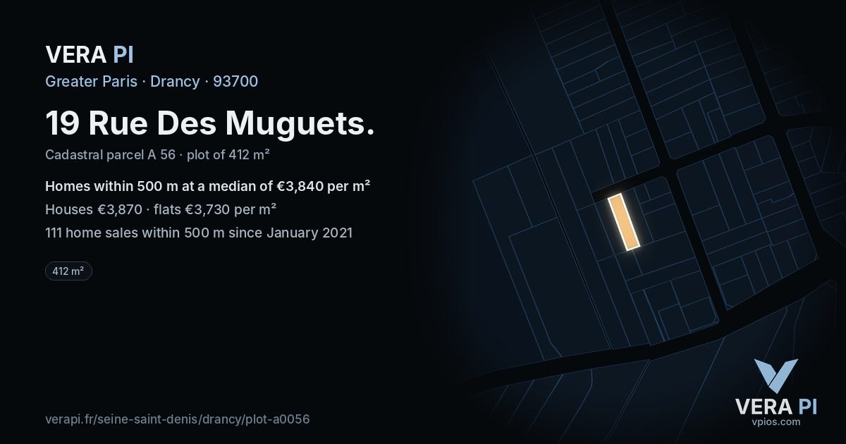 19 Rue Des Muguets, Drancy at night – the plot lit, the parcels around coloured by the prices near them