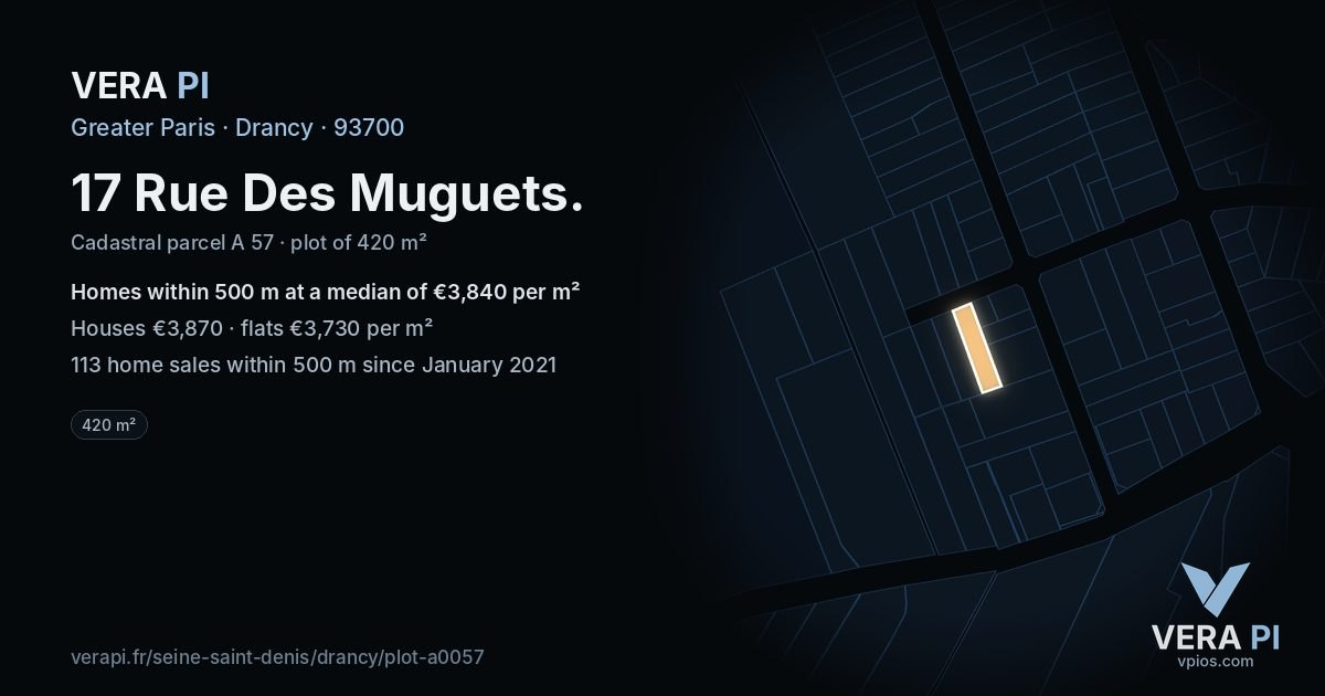 17 Rue Des Muguets, Drancy at night – the plot lit, the parcels around coloured by the prices near them