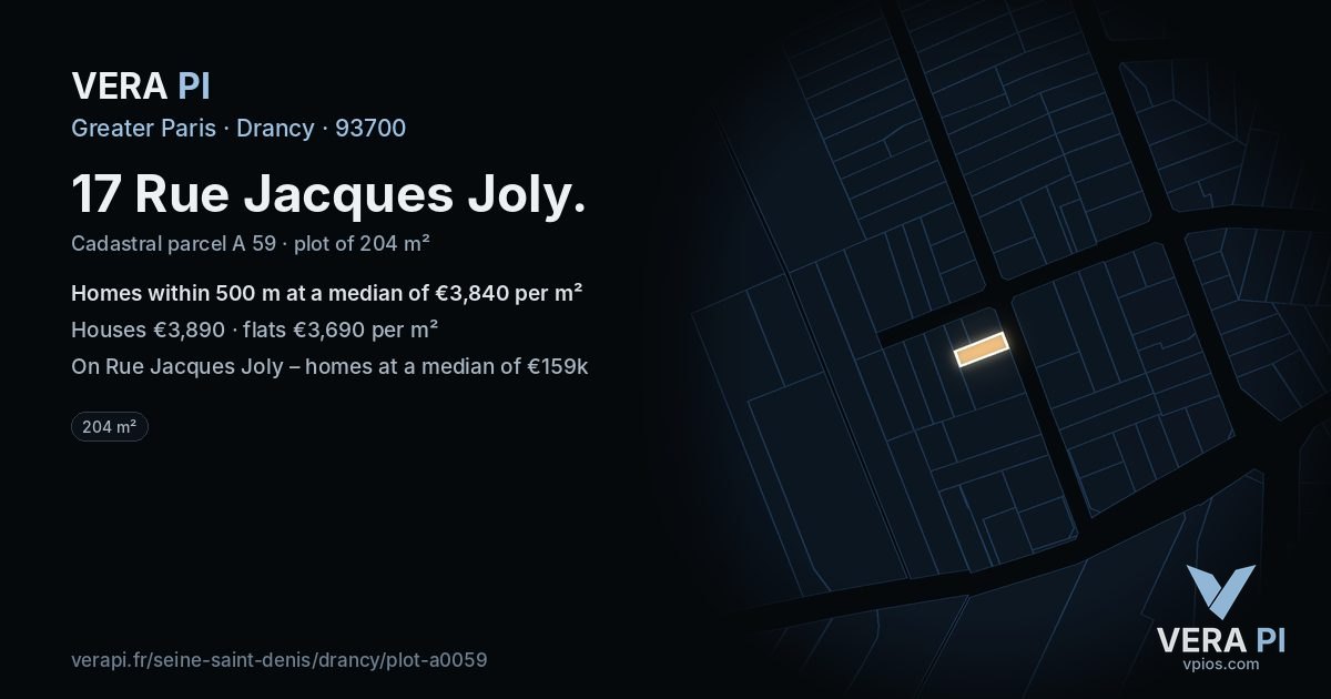 17 Rue Jacques Joly, Drancy at night – the plot lit, the parcels around coloured by the prices near them