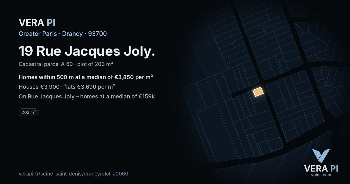19 Rue Jacques Joly, Drancy at night – the plot lit, the parcels around coloured by the prices near them