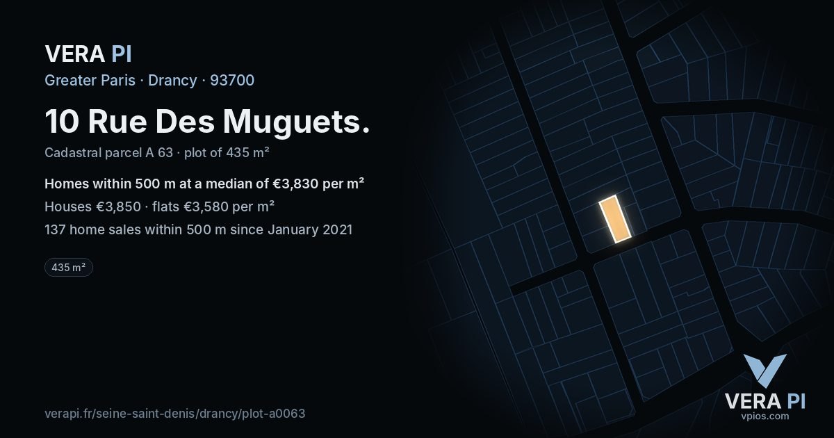 10 Rue Des Muguets, Drancy at night – the plot lit, the parcels around coloured by the prices near them