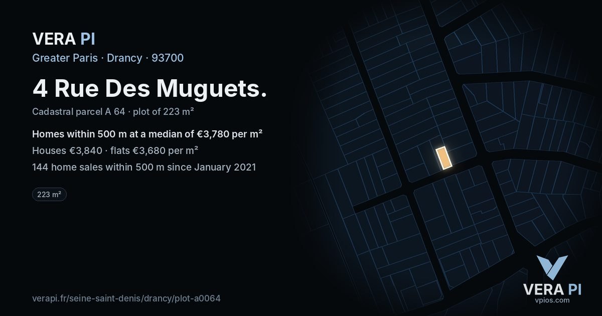 4 Rue Des Muguets, Drancy at night – the plot lit, the parcels around coloured by the prices near them