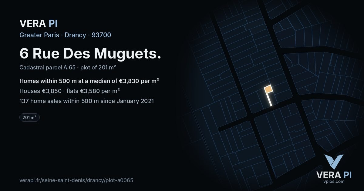 6 Rue Des Muguets, Drancy at night – the plot lit, the parcels around coloured by the prices near them