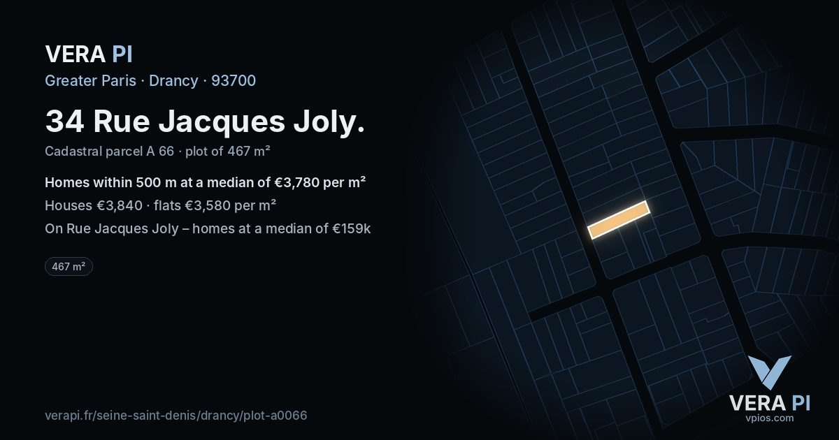 34 Rue Jacques Joly, Drancy at night – the plot lit, the parcels around coloured by the prices near them