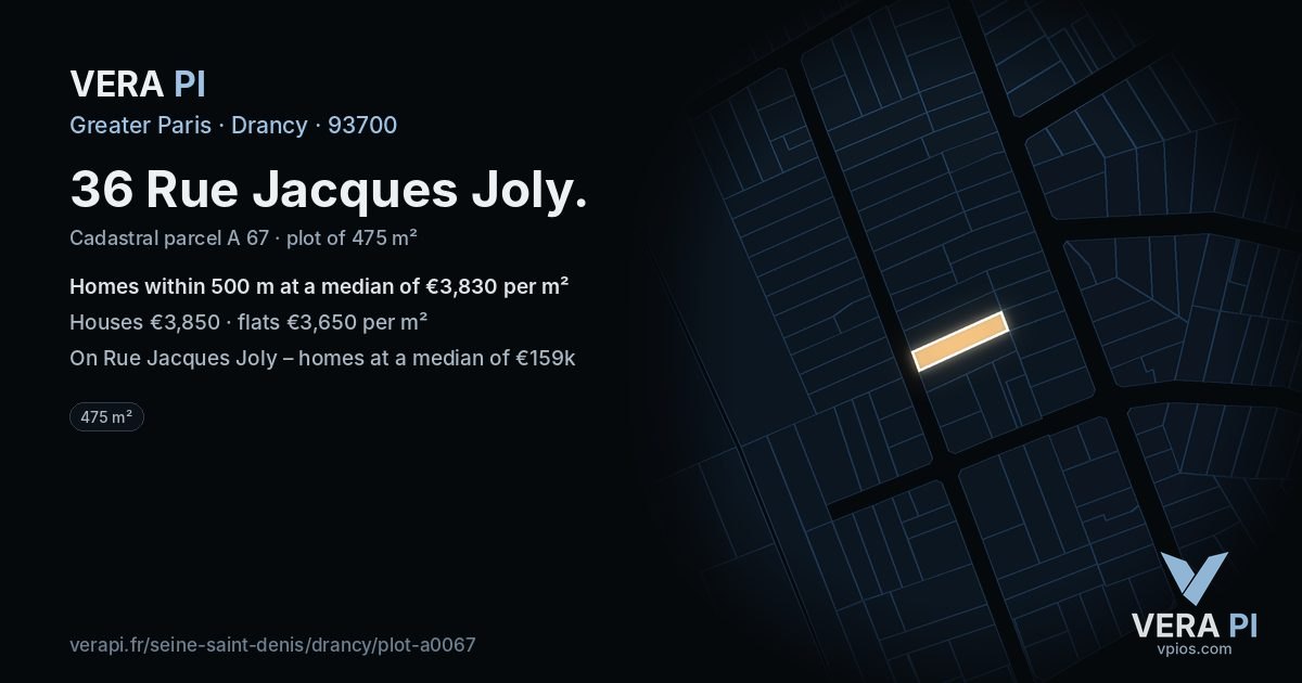36 Rue Jacques Joly, Drancy at night – the plot lit, the parcels around coloured by the prices near them