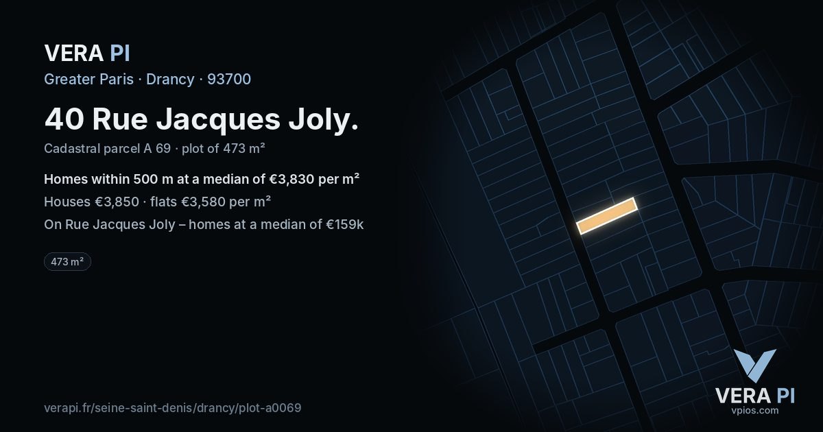40 Rue Jacques Joly, Drancy at night – the plot lit, the parcels around coloured by the prices near them