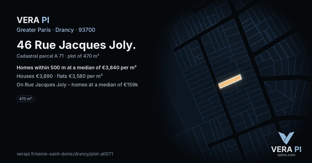 46 Rue Jacques Joly, Drancy at night – the plot lit, the parcels around coloured by the prices near them