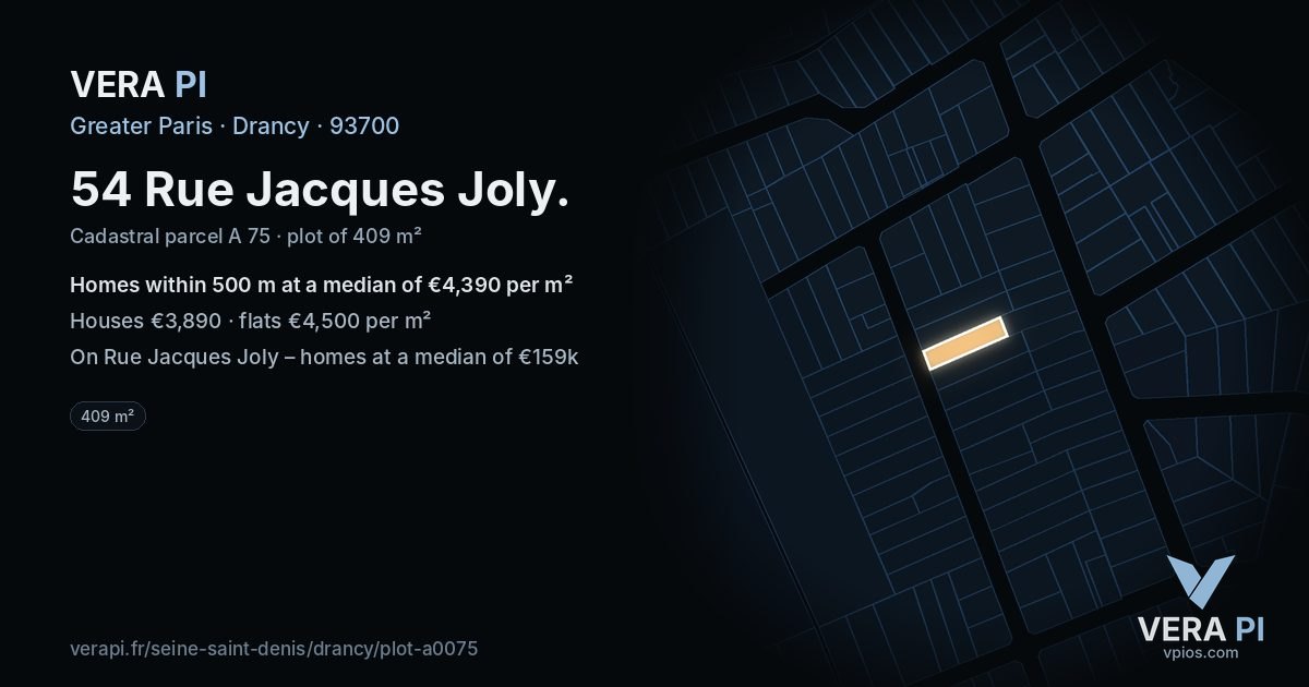 54 Rue Jacques Joly, Drancy at night – the plot lit, the parcels around coloured by the prices near them