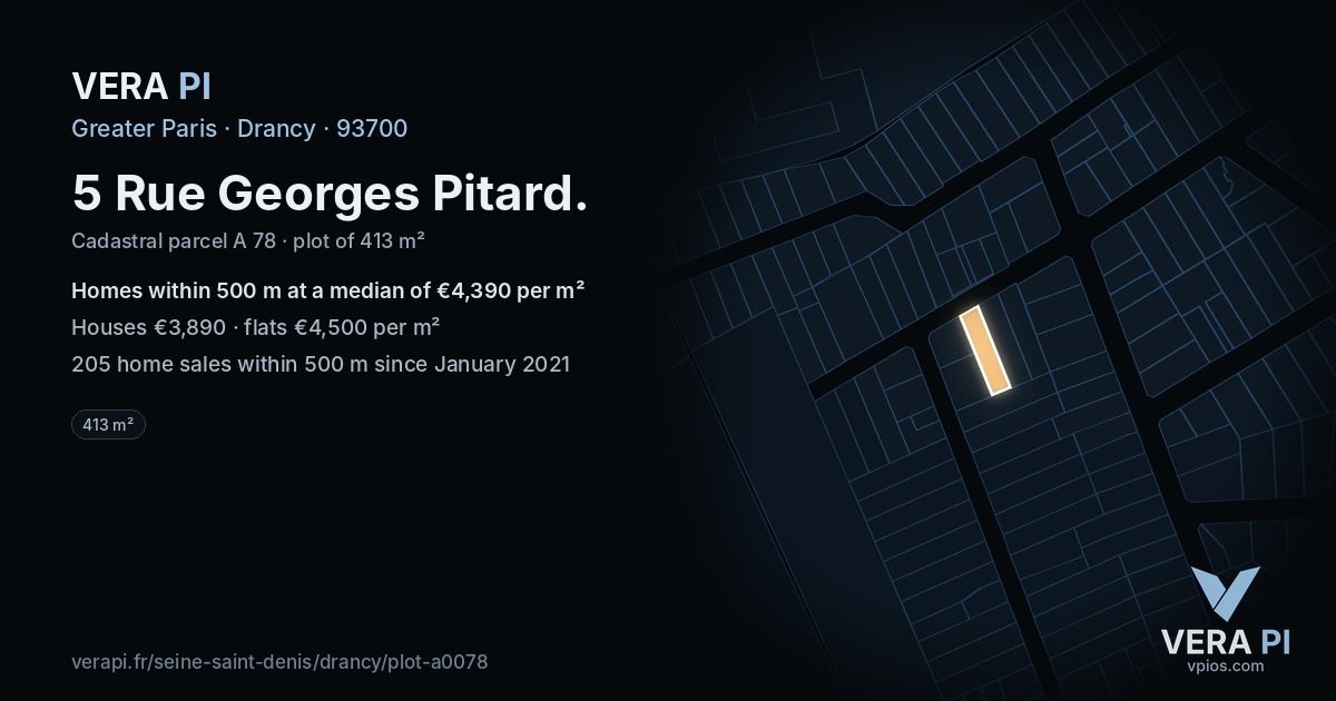 5 Rue Georges Pitard, Drancy at night – the plot lit, the parcels around coloured by the prices near them