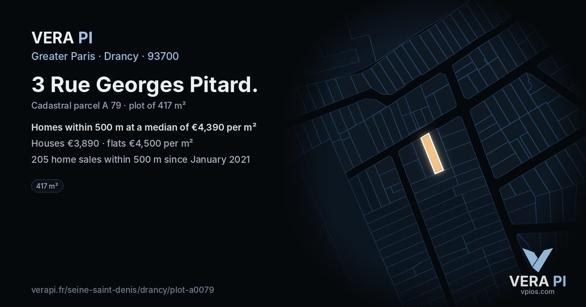 3 Rue Georges Pitard, Drancy at night – the plot lit, the parcels around coloured by the prices near them
