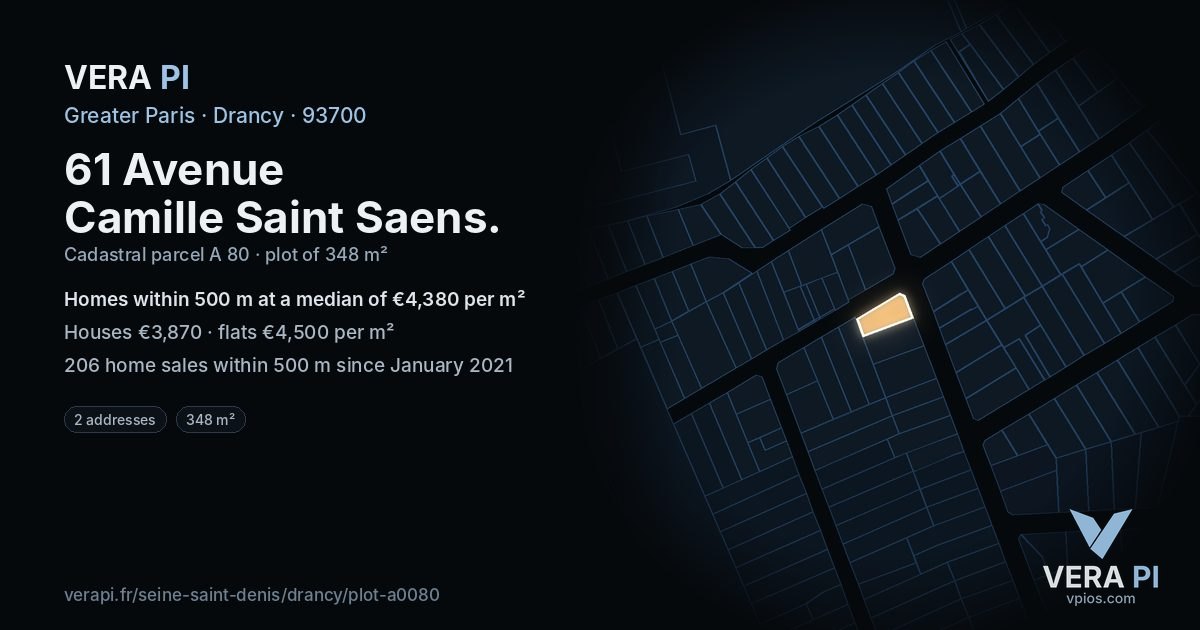 61 Avenue Camille Saint Saens, Drancy at night – the plot lit, the parcels around coloured by the prices near them