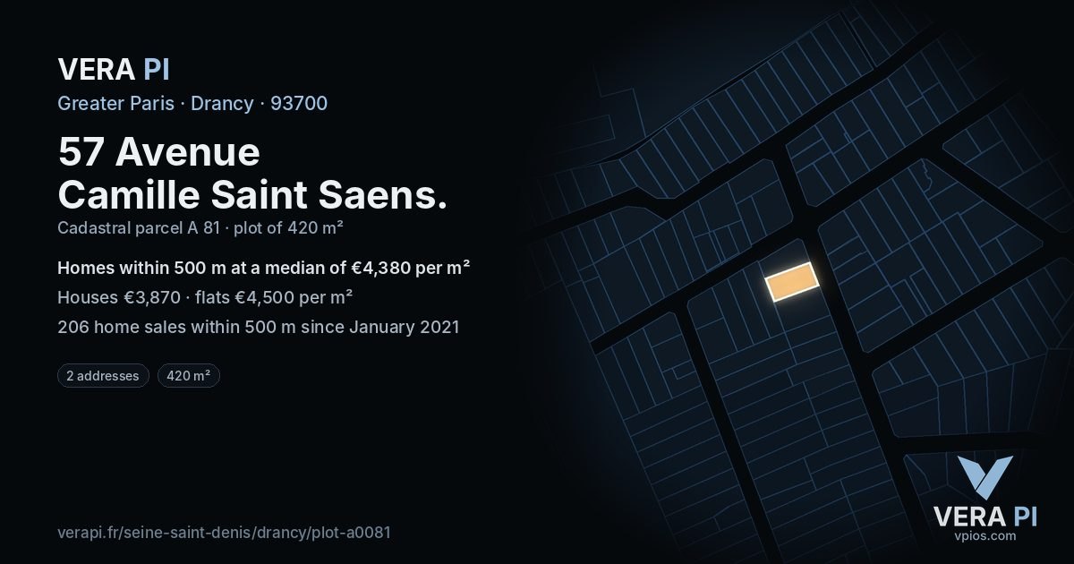 57 Avenue Camille Saint Saens, Drancy at night – the plot lit, the parcels around coloured by the prices near them