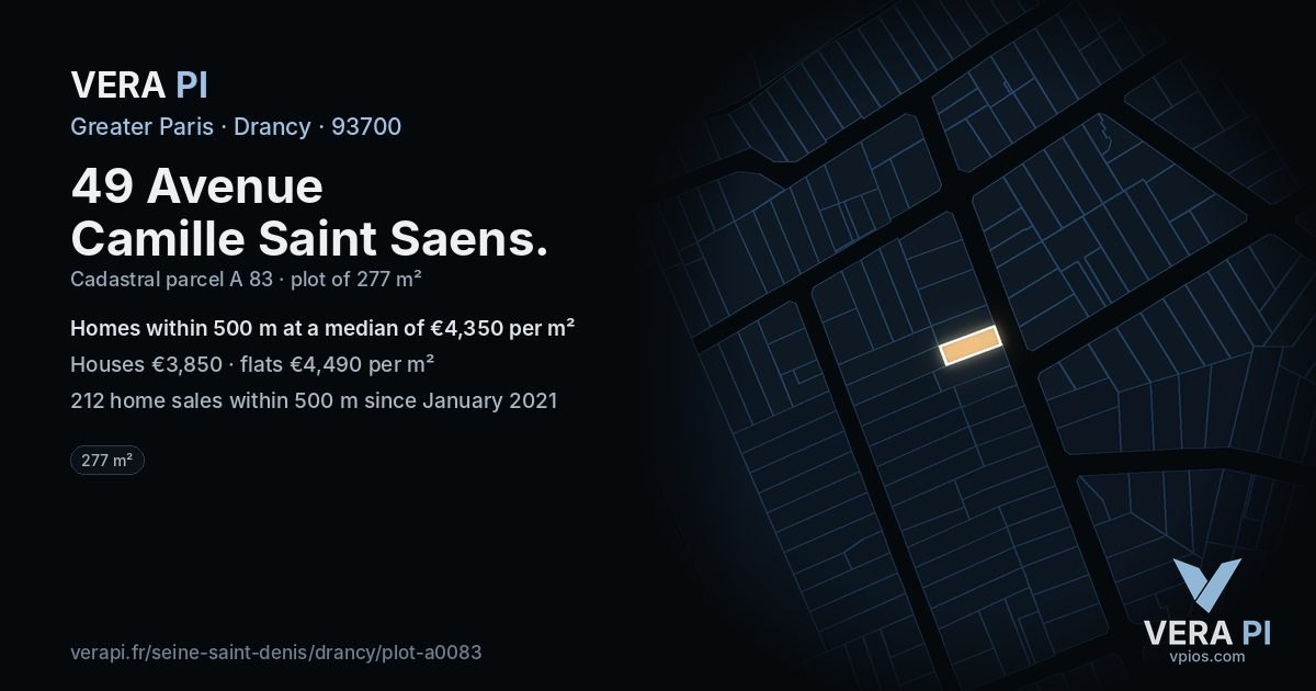 49 Avenue Camille Saint Saens, Drancy at night – the plot lit, the parcels around coloured by the prices near them