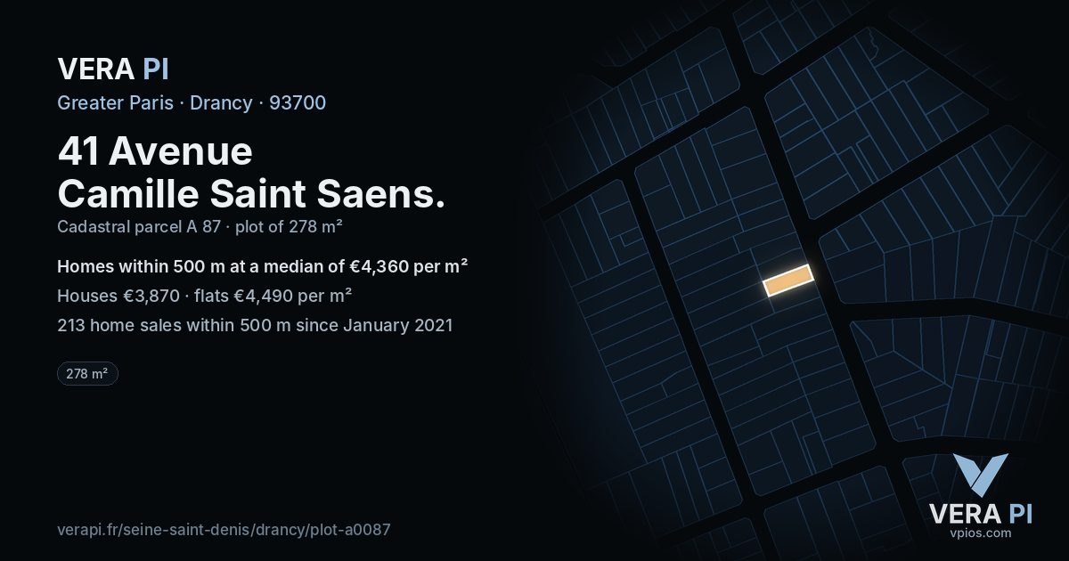 41 Avenue Camille Saint Saens, Drancy at night – the plot lit, the parcels around coloured by the prices near them