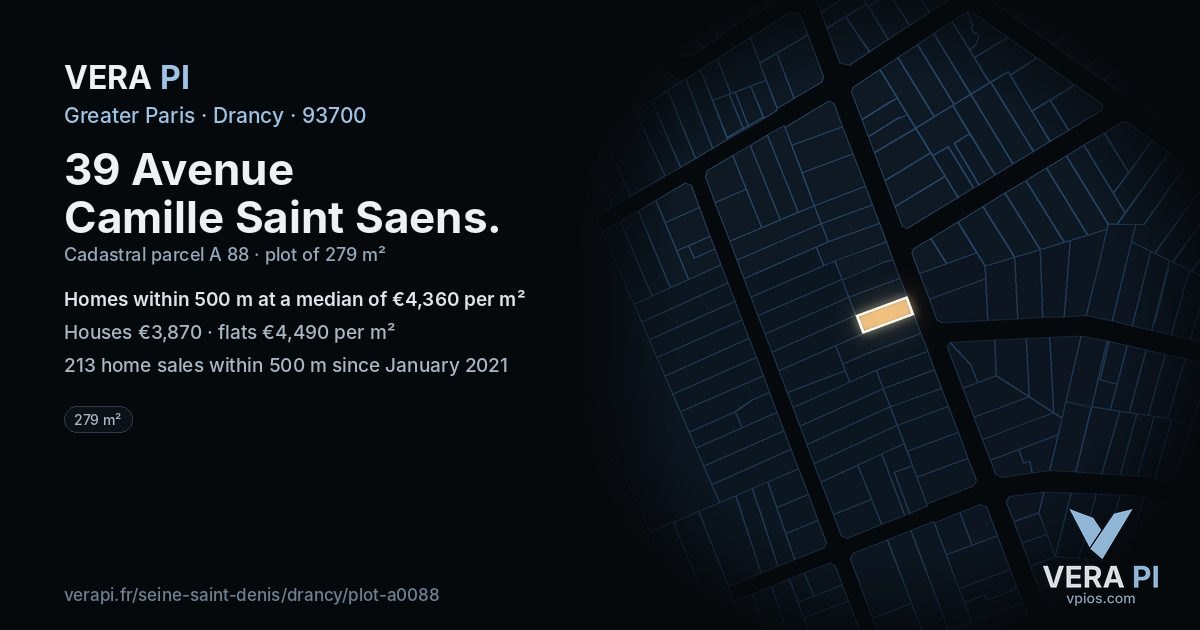 39 Avenue Camille Saint Saens, Drancy at night – the plot lit, the parcels around coloured by the prices near them