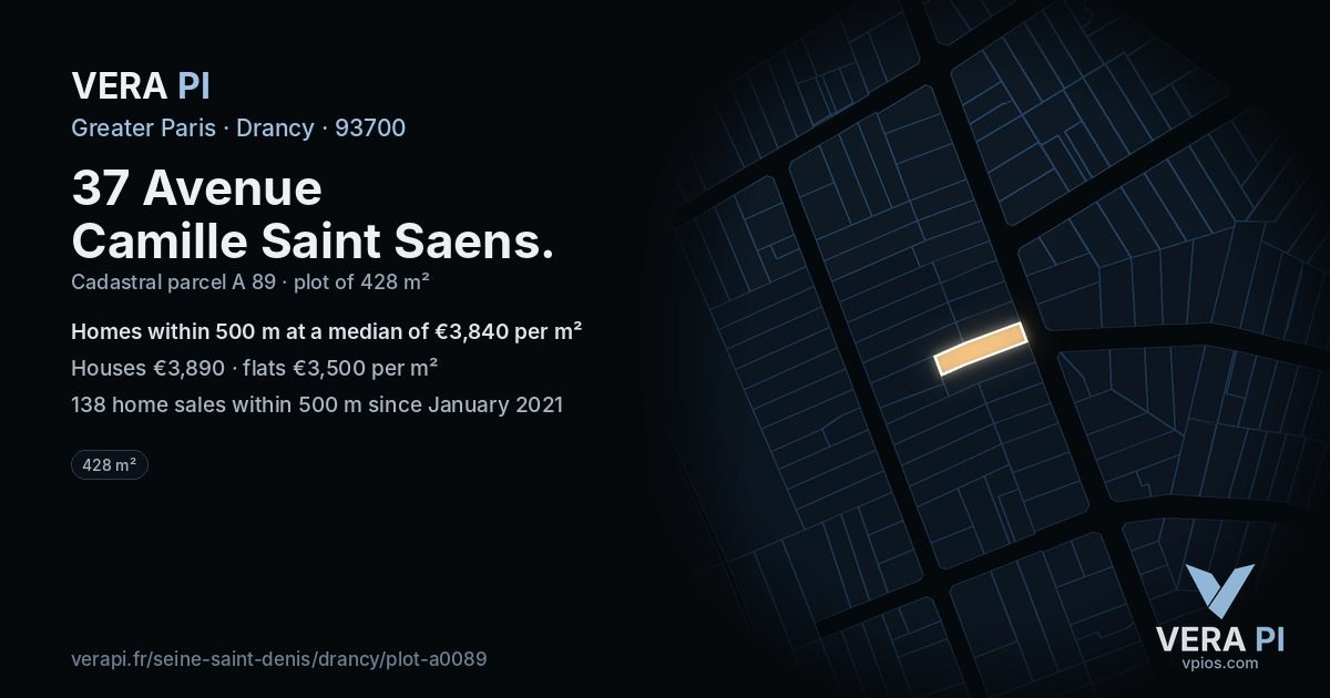 37 Avenue Camille Saint Saens, Drancy at night – the plot lit, the parcels around coloured by the prices near them