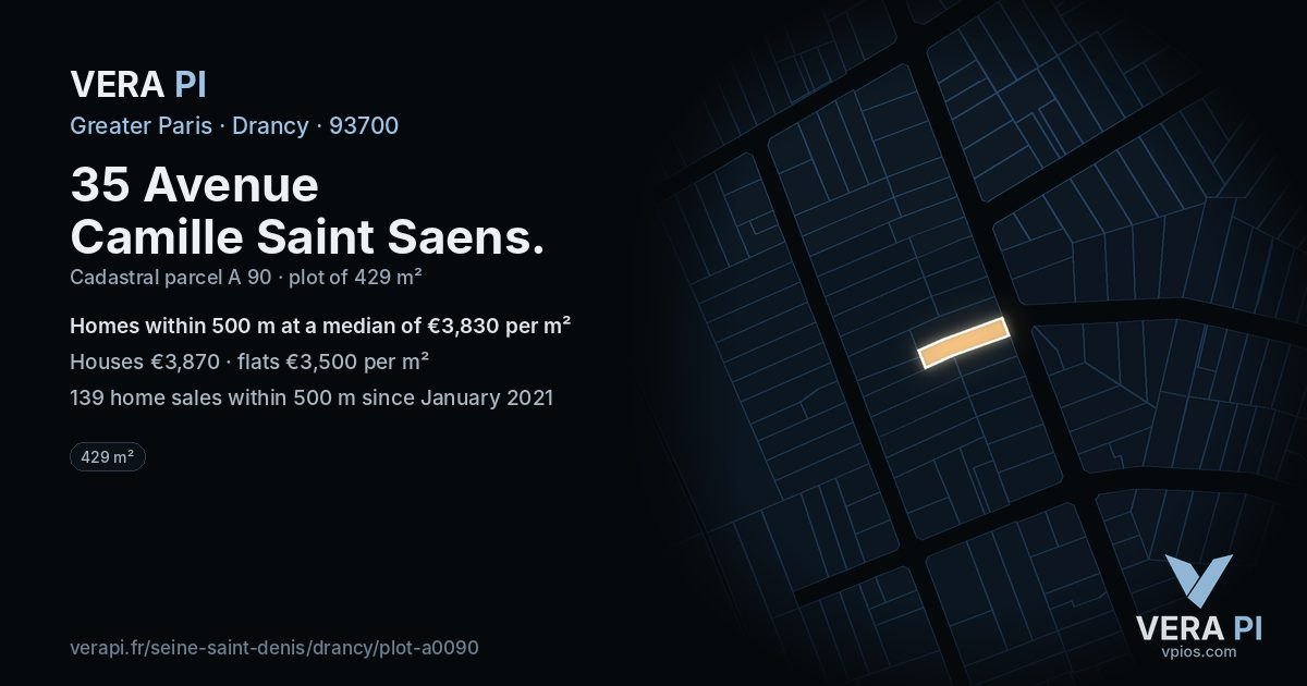 35 Avenue Camille Saint Saens, Drancy at night – the plot lit, the parcels around coloured by the prices near them