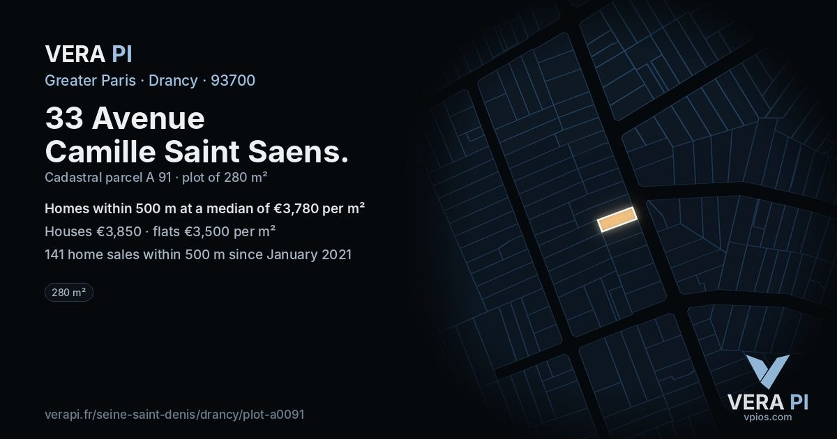 33 Avenue Camille Saint Saens, Drancy at night – the plot lit, the parcels around coloured by the prices near them