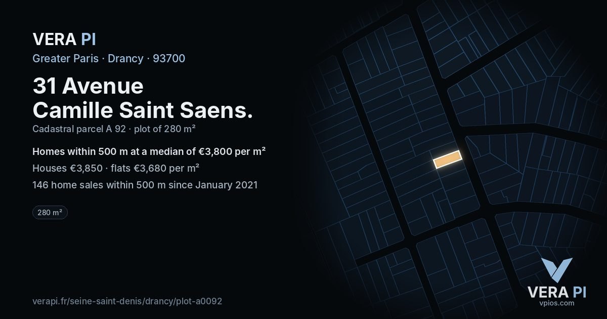 31 Avenue Camille Saint Saens, Drancy at night – the plot lit, the parcels around coloured by the prices near them