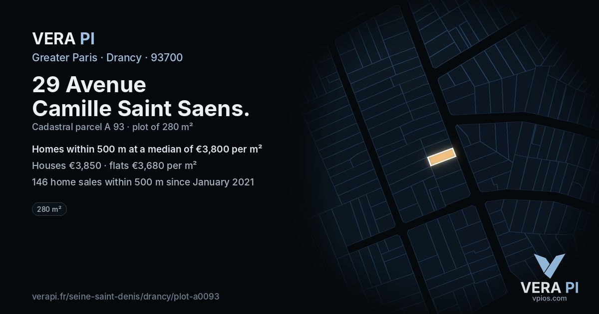 29 Avenue Camille Saint Saens, Drancy at night – the plot lit, the parcels around coloured by the prices near them