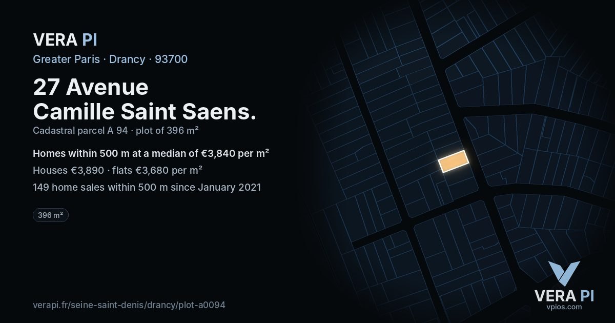 27 Avenue Camille Saint Saens, Drancy at night – the plot lit, the parcels around coloured by the prices near them