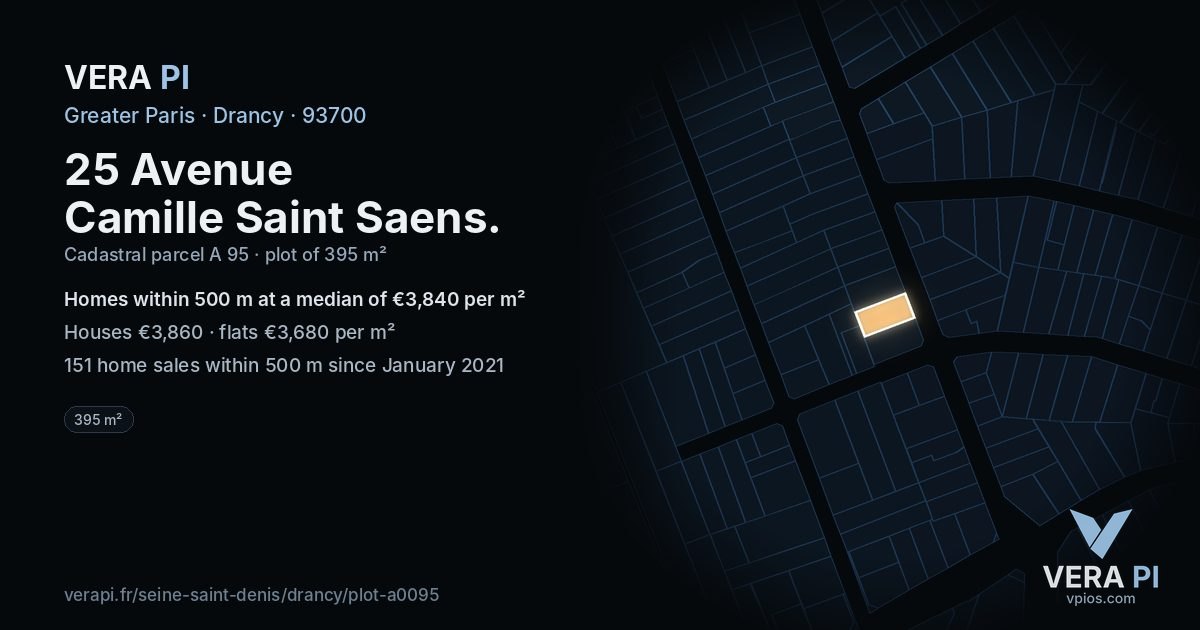 25 Avenue Camille Saint Saens, Drancy at night – the plot lit, the parcels around coloured by the prices near them