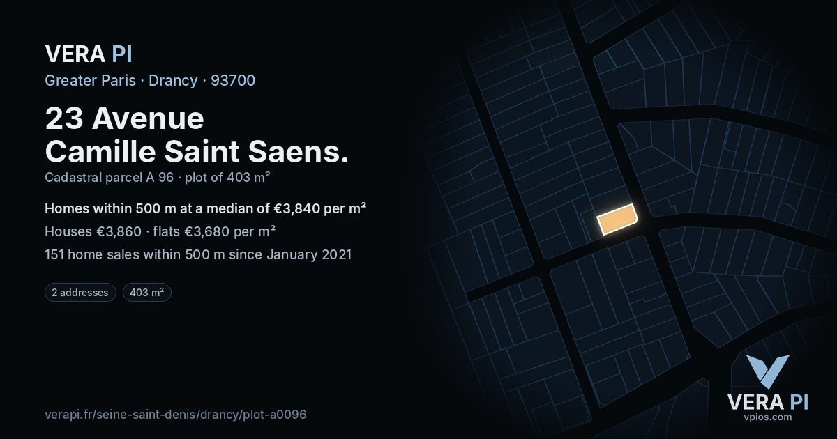 23 Avenue Camille Saint Saens, Drancy at night – the plot lit, the parcels around coloured by the prices near them