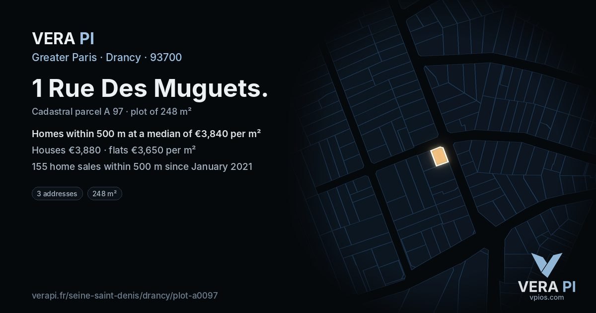 1 Rue Des Muguets, Drancy at night – the plot lit, the parcels around coloured by the prices near them