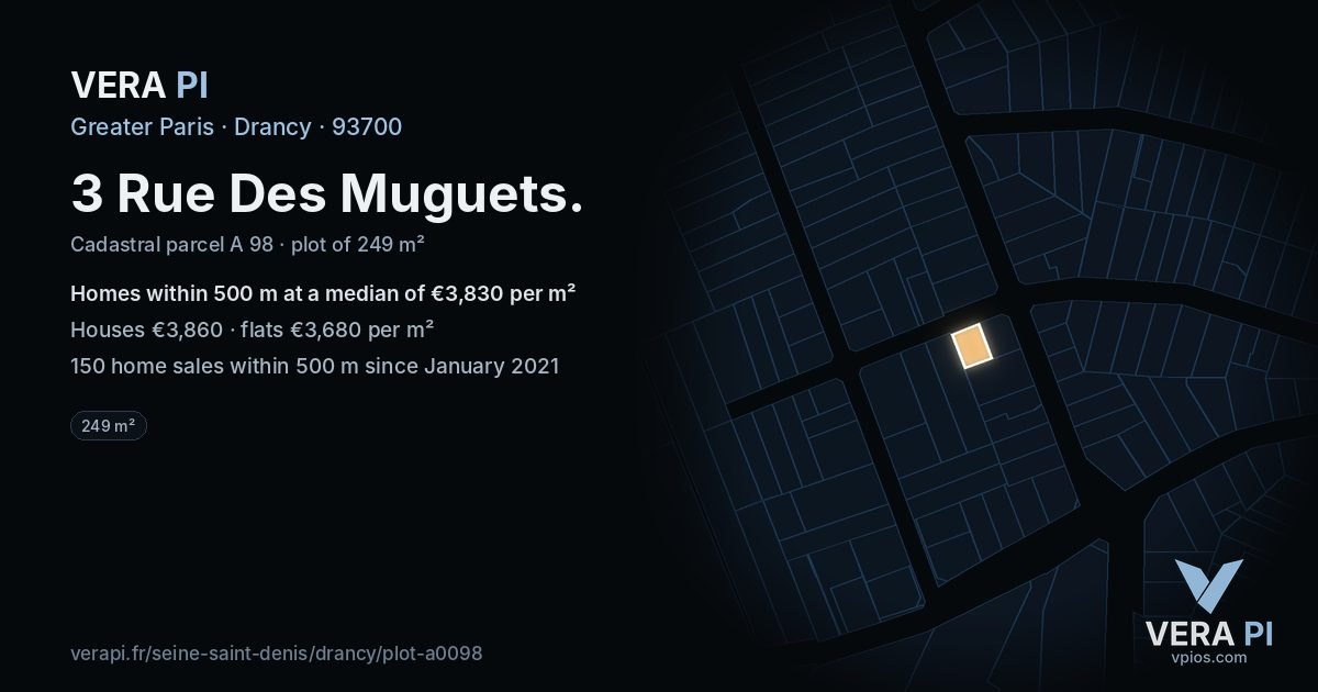 3 Rue Des Muguets, Drancy at night – the plot lit, the parcels around coloured by the prices near them