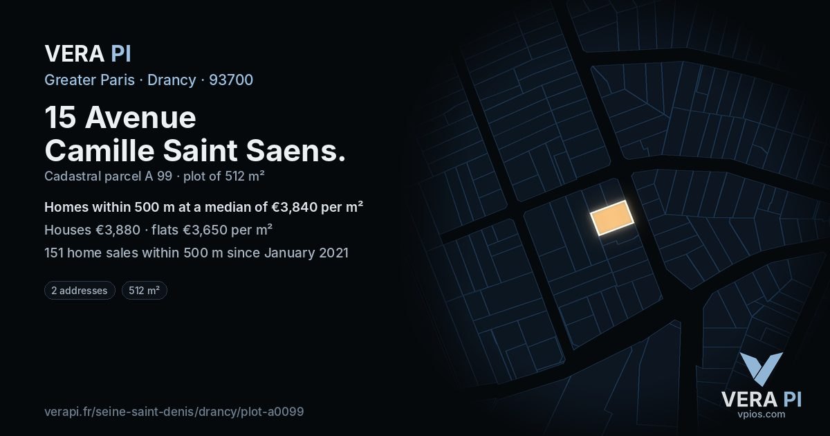 15 Avenue Camille Saint Saens, Drancy at night – the plot lit, the parcels around coloured by the prices near them