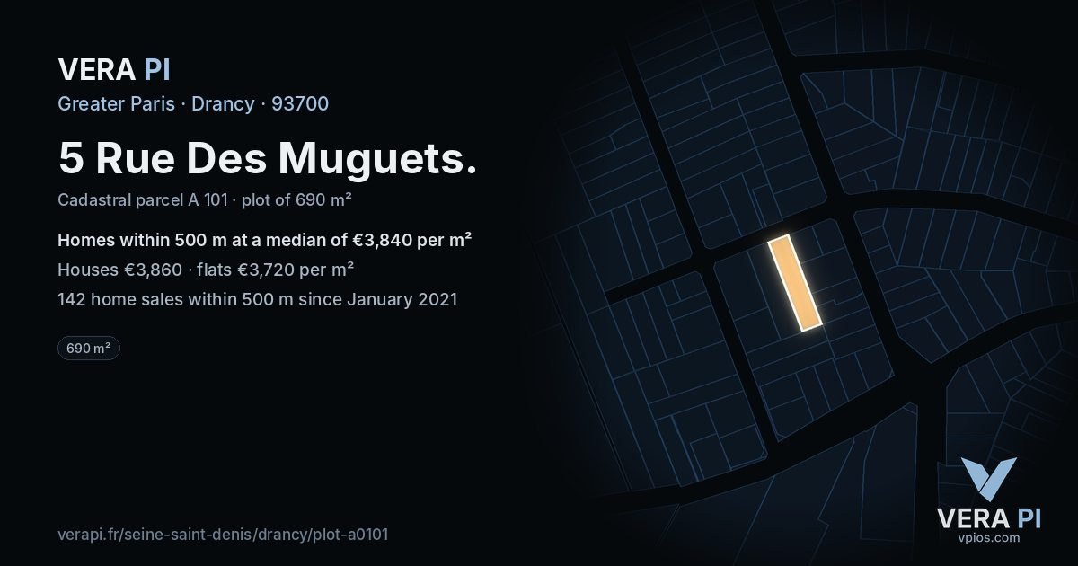 5 Rue Des Muguets, Drancy at night – the plot lit, the parcels around coloured by the prices near them