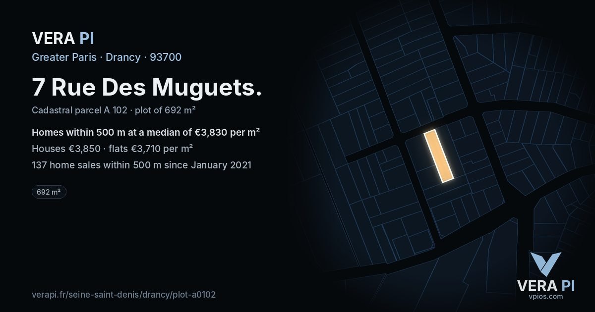 7 Rue Des Muguets, Drancy at night – the plot lit, the parcels around coloured by the prices near them