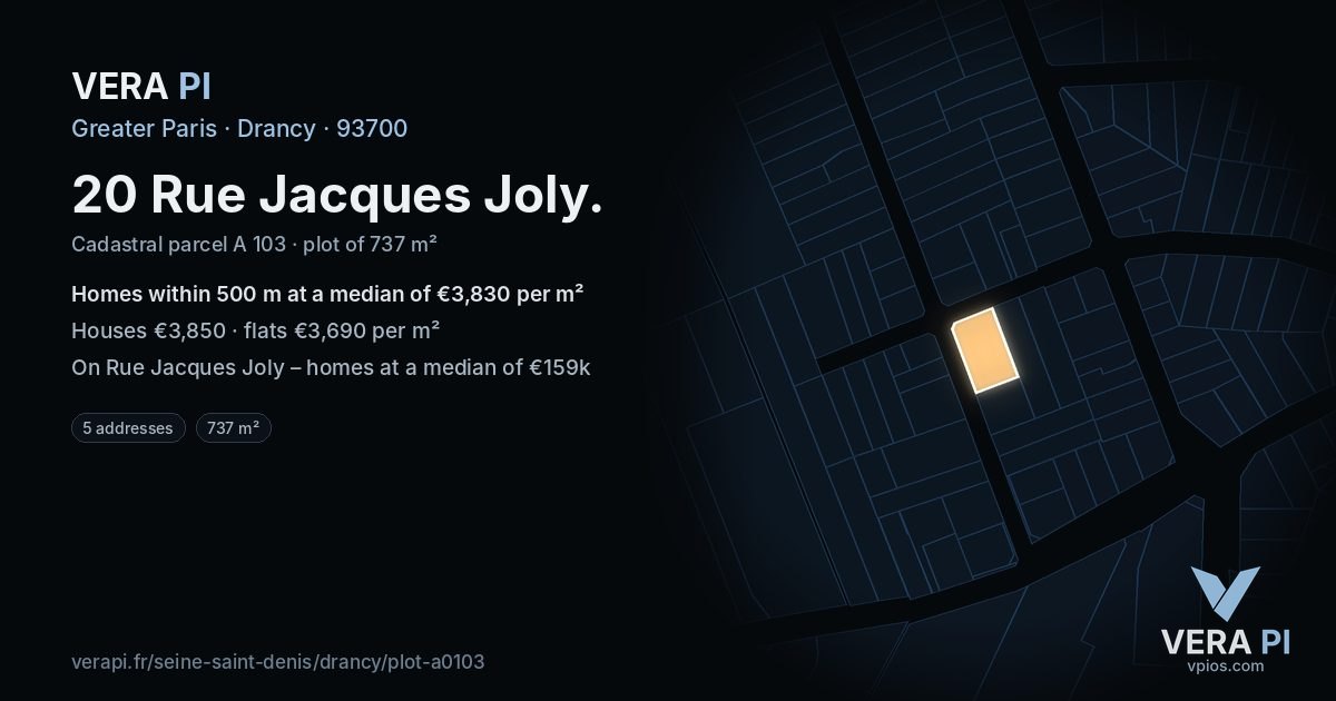 20 Rue Jacques Joly, Drancy at night – the plot lit, the parcels around coloured by the prices near them