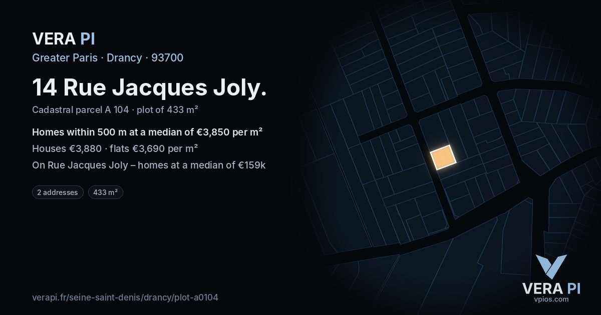14 Rue Jacques Joly, Drancy at night – the plot lit, the parcels around coloured by the prices near them