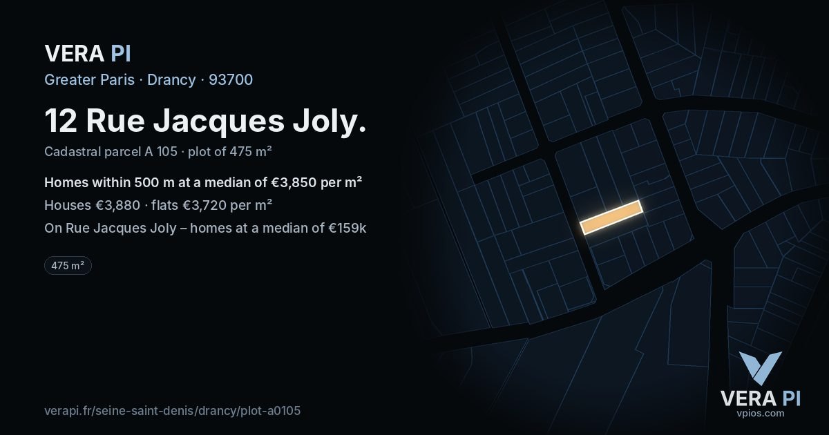 12 Rue Jacques Joly, Drancy at night – the plot lit, the parcels around coloured by the prices near them