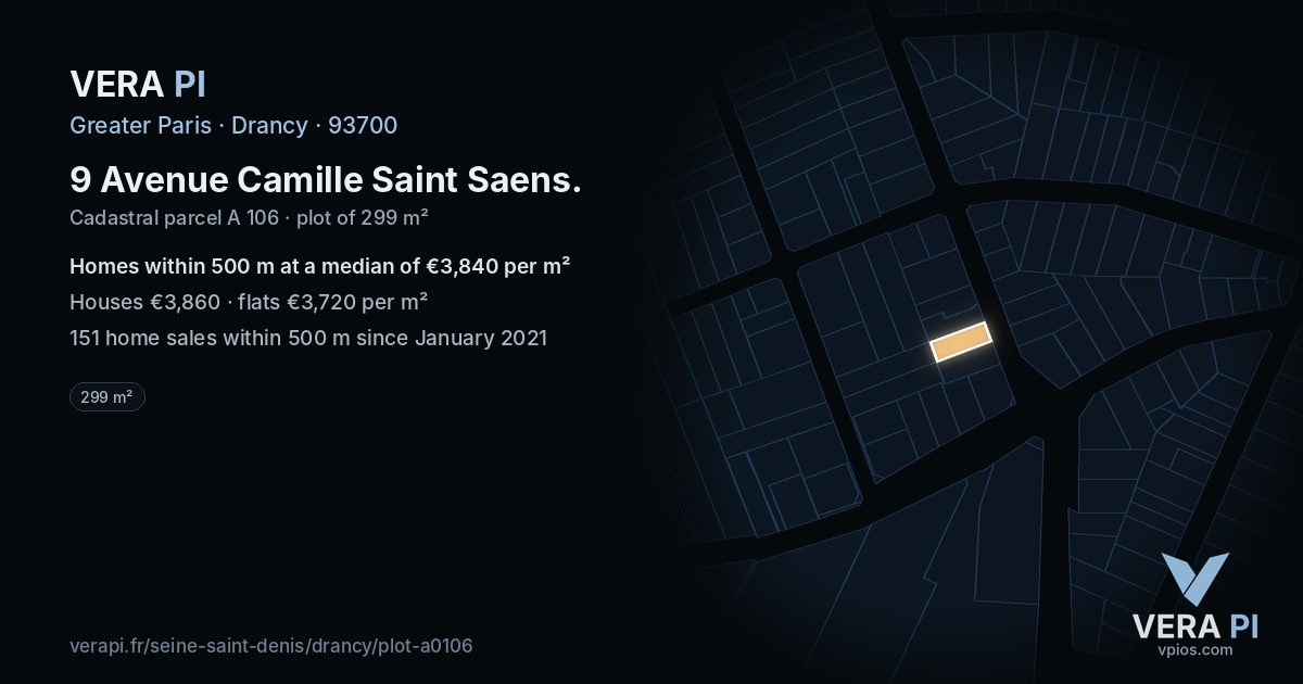 9 Avenue Camille Saint Saens, Drancy at night – the plot lit, the parcels around coloured by the prices near them