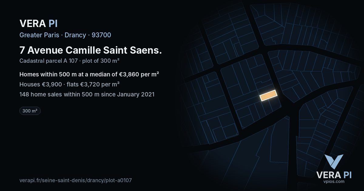 7 Avenue Camille Saint Saens, Drancy at night – the plot lit, the parcels around coloured by the prices near them