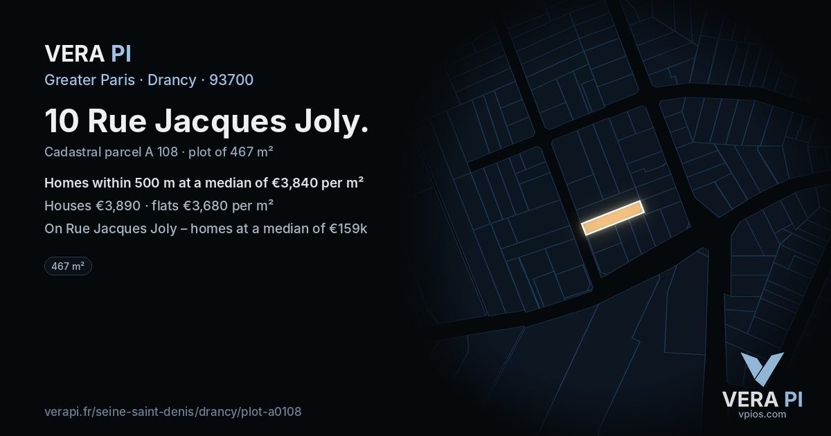10 Rue Jacques Joly, Drancy at night – the plot lit, the parcels around coloured by the prices near them