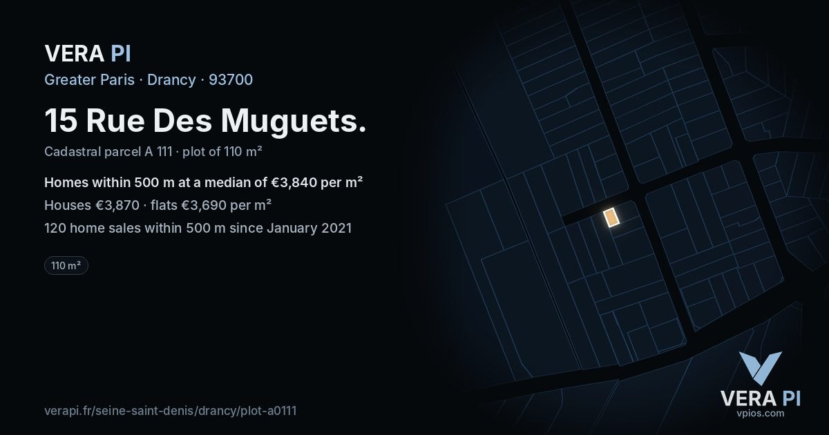 15 Rue Des Muguets, Drancy at night – the plot lit, the parcels around coloured by the prices near them