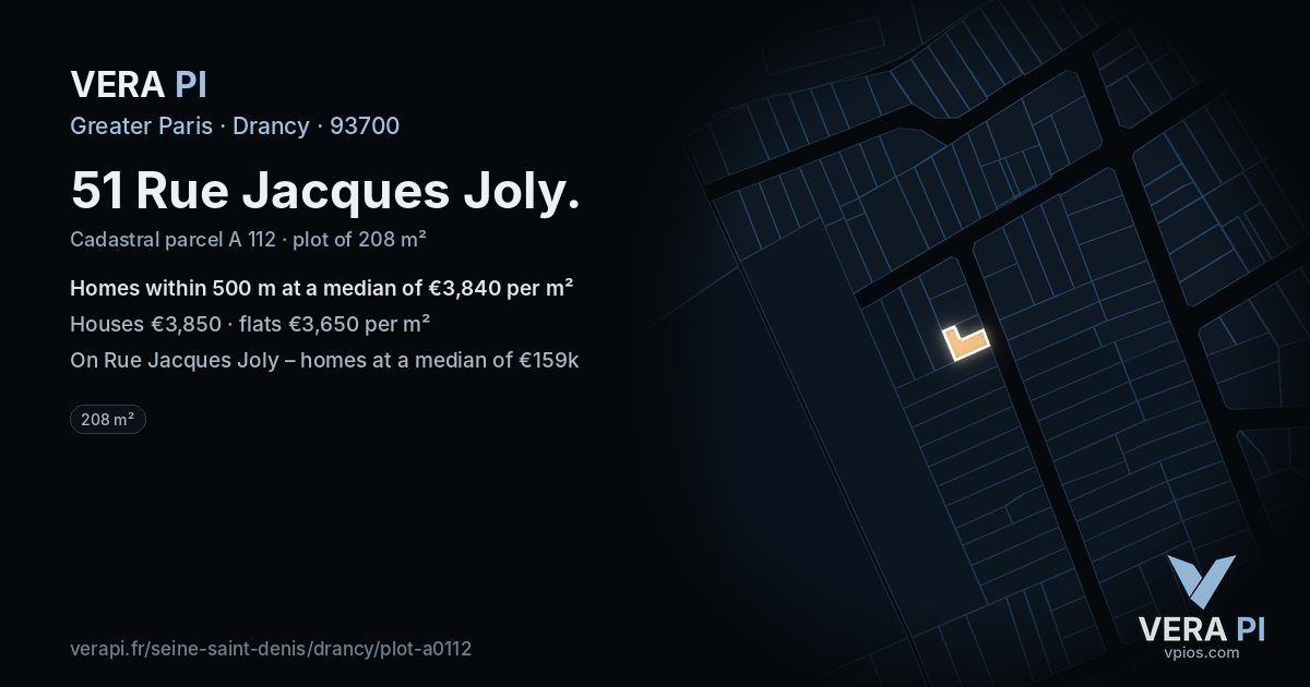 51 Rue Jacques Joly, Drancy at night – the plot lit, the parcels around coloured by the prices near them