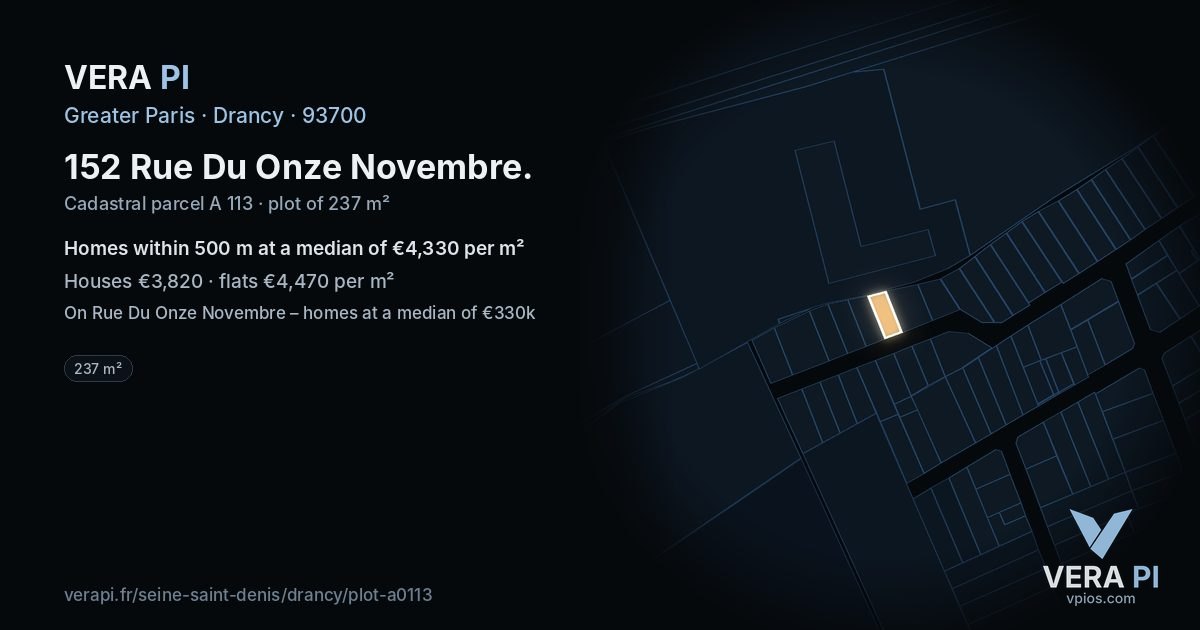 152 Rue Du Onze Novembre, Drancy at night – the plot lit, the parcels around coloured by the prices near them