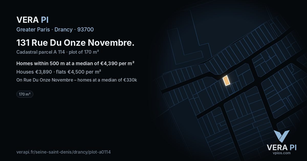 131 Rue Du Onze Novembre, Drancy at night – the plot lit, the parcels around coloured by the prices near them