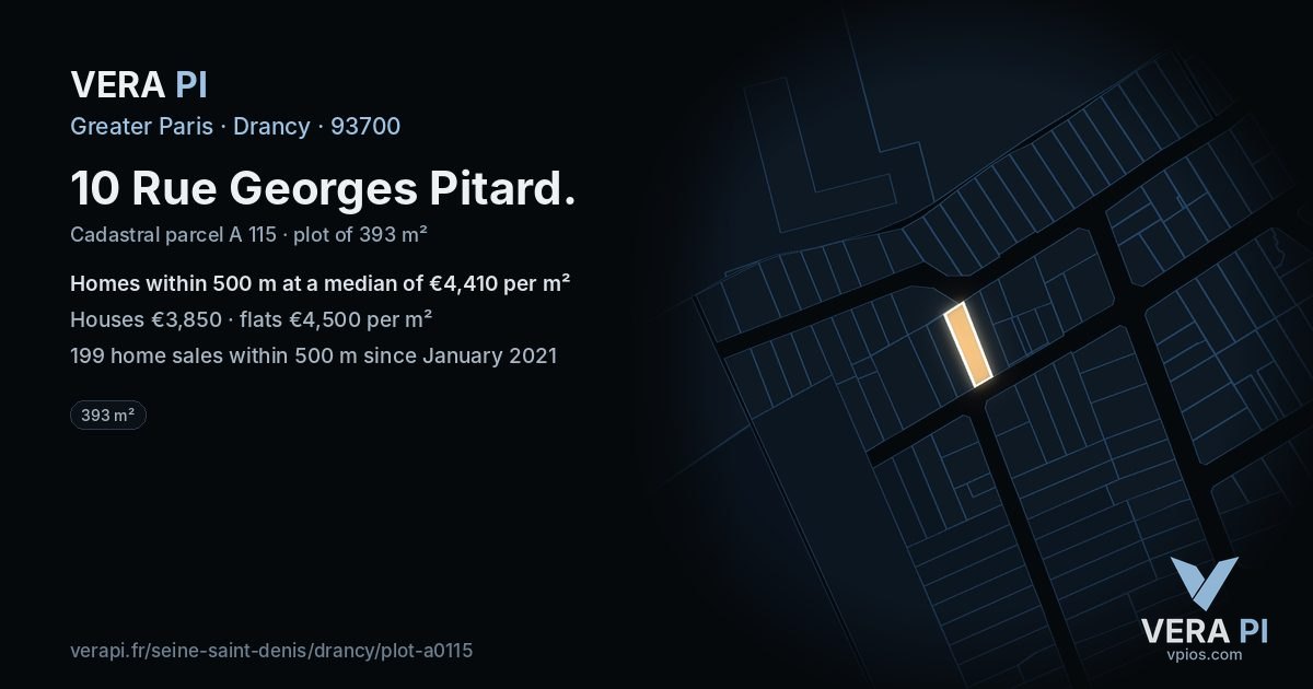 10 Rue Georges Pitard, Drancy at night – the plot lit, the parcels around coloured by the prices near them