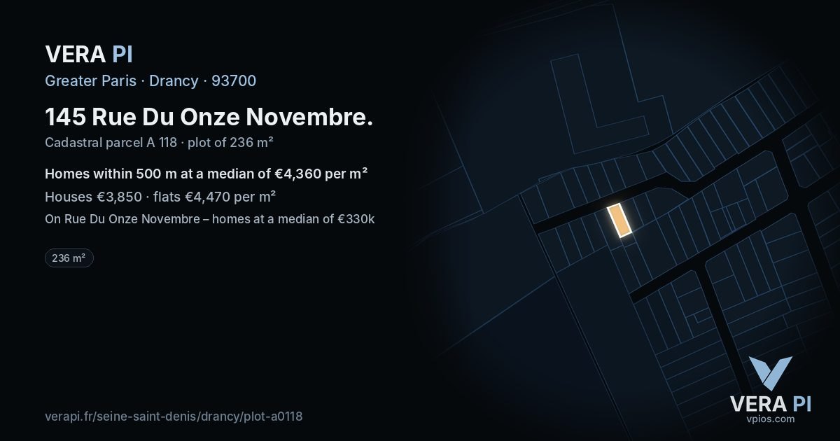 145 Rue Du Onze Novembre, Drancy at night – the plot lit, the parcels around coloured by the prices near them