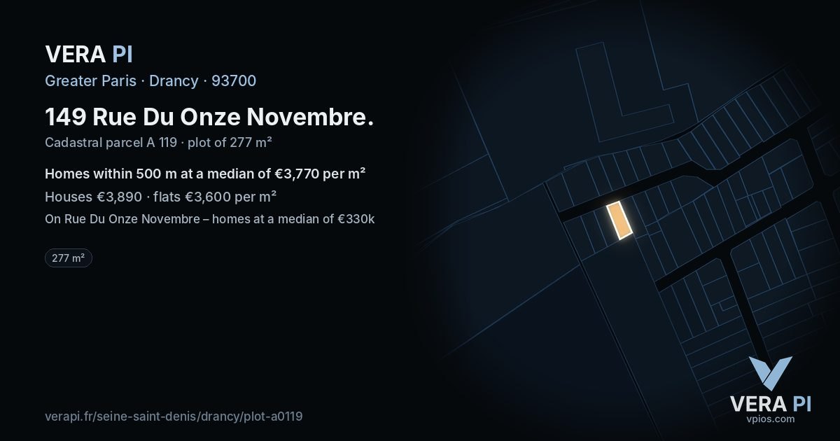 149 Rue Du Onze Novembre, Drancy at night – the plot lit, the parcels around coloured by the prices near them