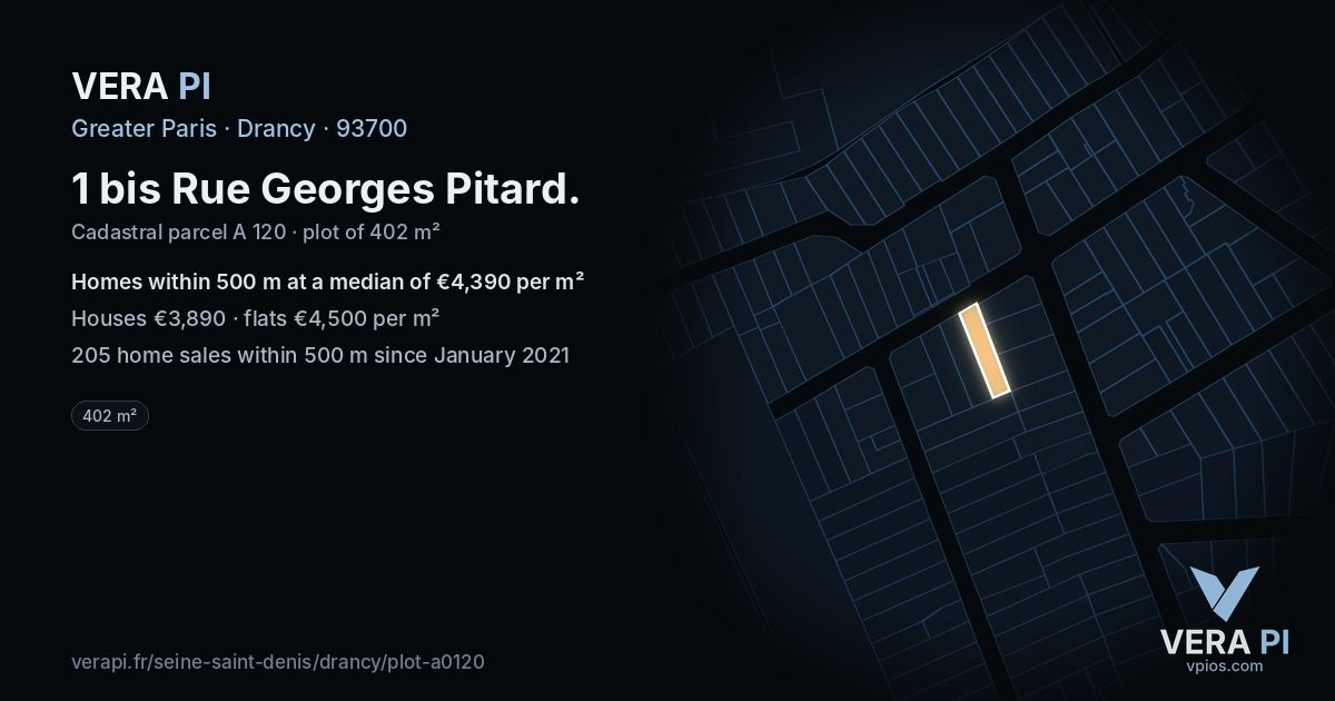 1 bis Rue Georges Pitard, Drancy at night – the plot lit, the parcels around coloured by the prices near them