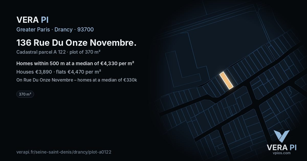 136 Rue Du Onze Novembre, Drancy at night – the plot lit, the parcels around coloured by the prices near them