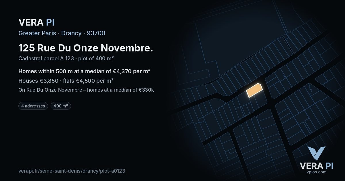 125 Rue Du Onze Novembre, Drancy at night – the plot lit, the parcels around coloured by the prices near them