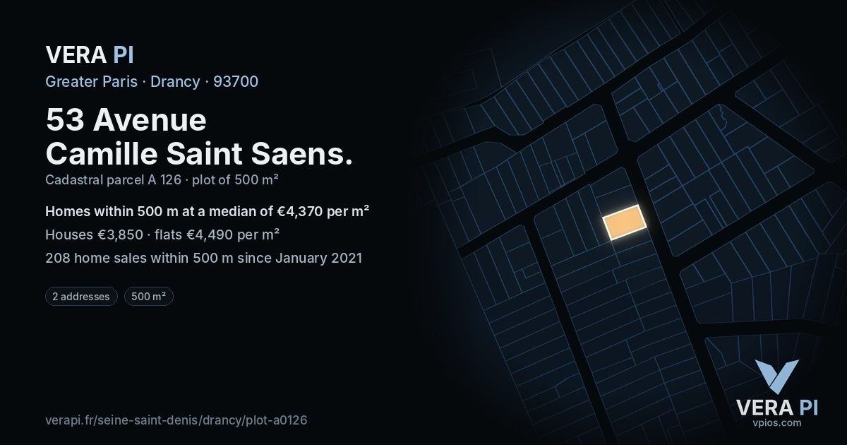 53 Avenue Camille Saint Saens, Drancy at night – the plot lit, the parcels around coloured by the prices near them